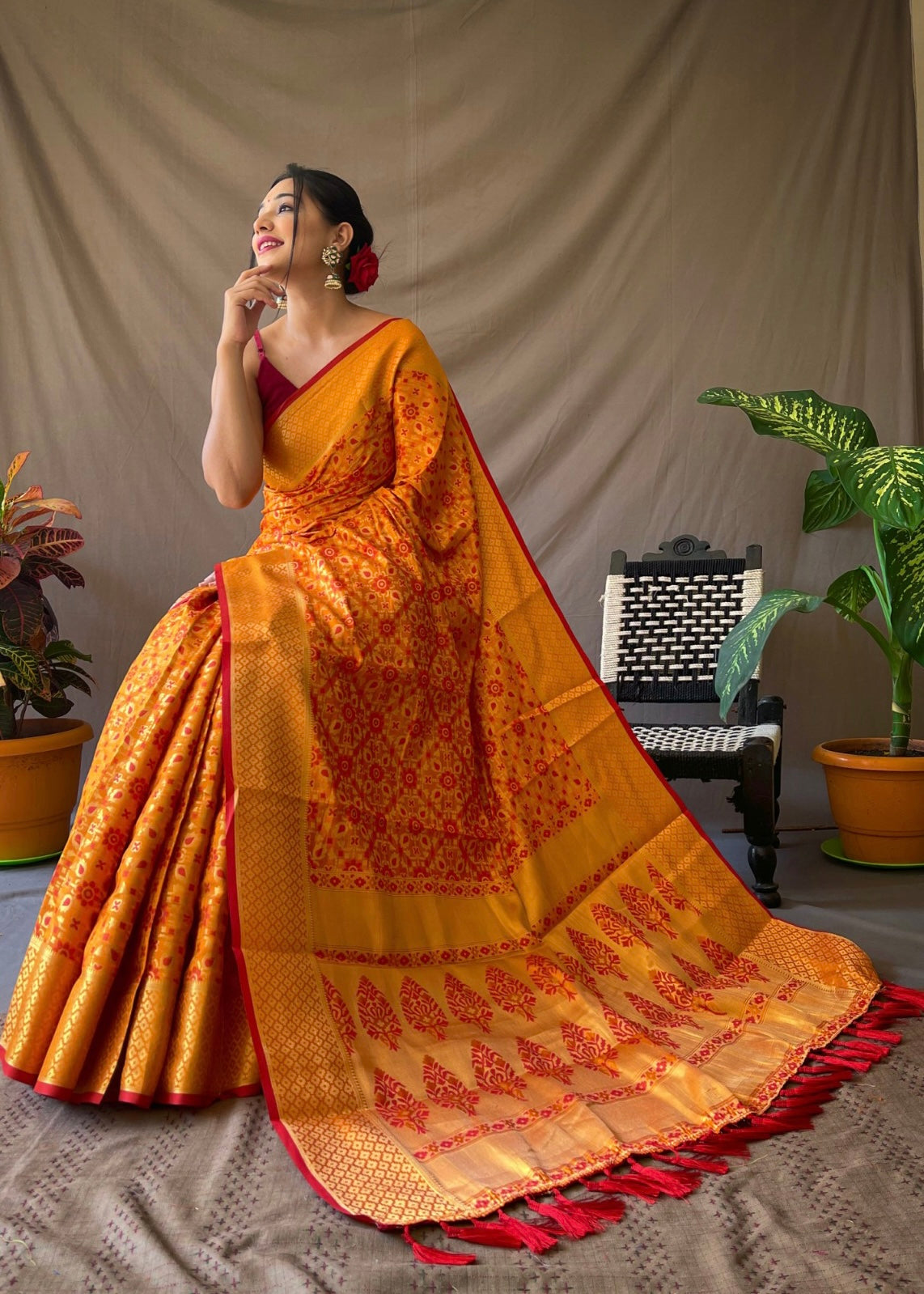 Pre-stitched Yellow Patola Silk Saree and Blouse (Set)
