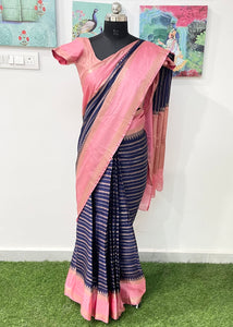 Pre-stitched Navy Blue Stripe Silk Saree and Blouse (Set)