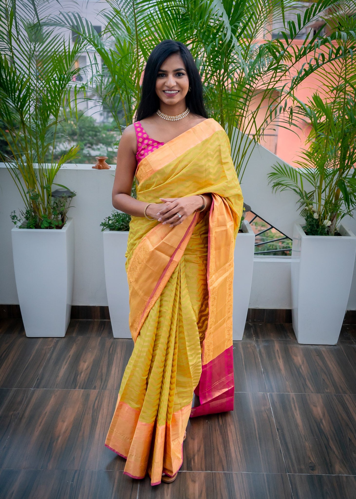 yellow and pink banarasi silk saree,  Banarasi Saree,  Banarasi Silk Saree, Saree and Blouse set, pre stitched saree, One Minute Saree