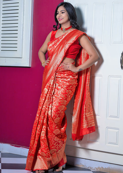 floral saree,  red banarasi silk saree,  Banarasi Saree,  Banarasi Silk Saree, Saree and Blouse set,  pre stitched saree,  One Minute Saree