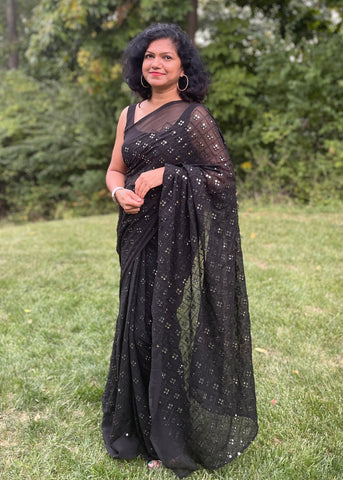 Pre-stitched Black Foil Mirrorwork Saree and Blouse (Set)
