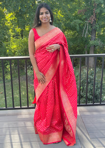 Pre-stitched Red Banarasi Silk Saree and Blouse (Set)