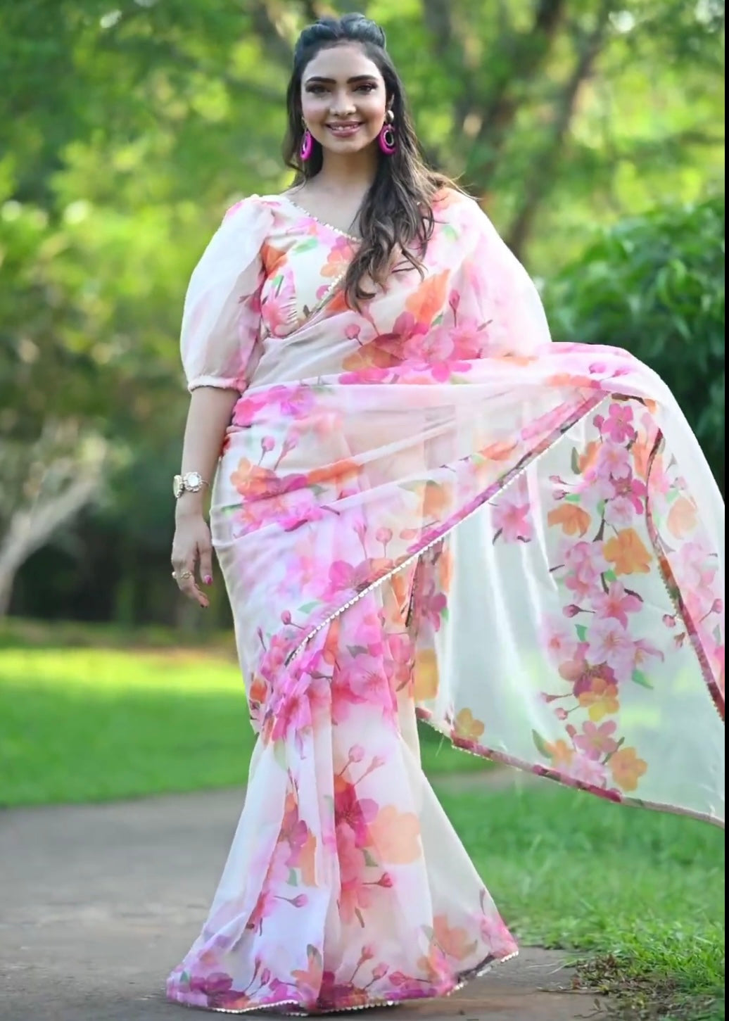 Pre-stitched White and Pink Floral Digital Print Organza Saree and Blouse (Set)
