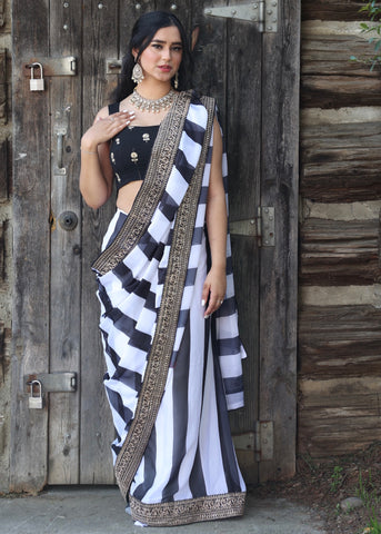 Pre-stitched Black and White Stripe Saree and Blouse (Set)