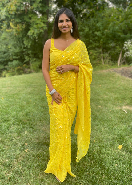 Pre-stitched Yellow Foil Mirrorwork Saree and Blouse (Set)