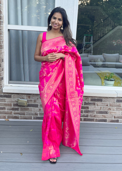 Pre-stitched Pink Banarasi Silk Floral Jaal Saree and Blouse (Set)