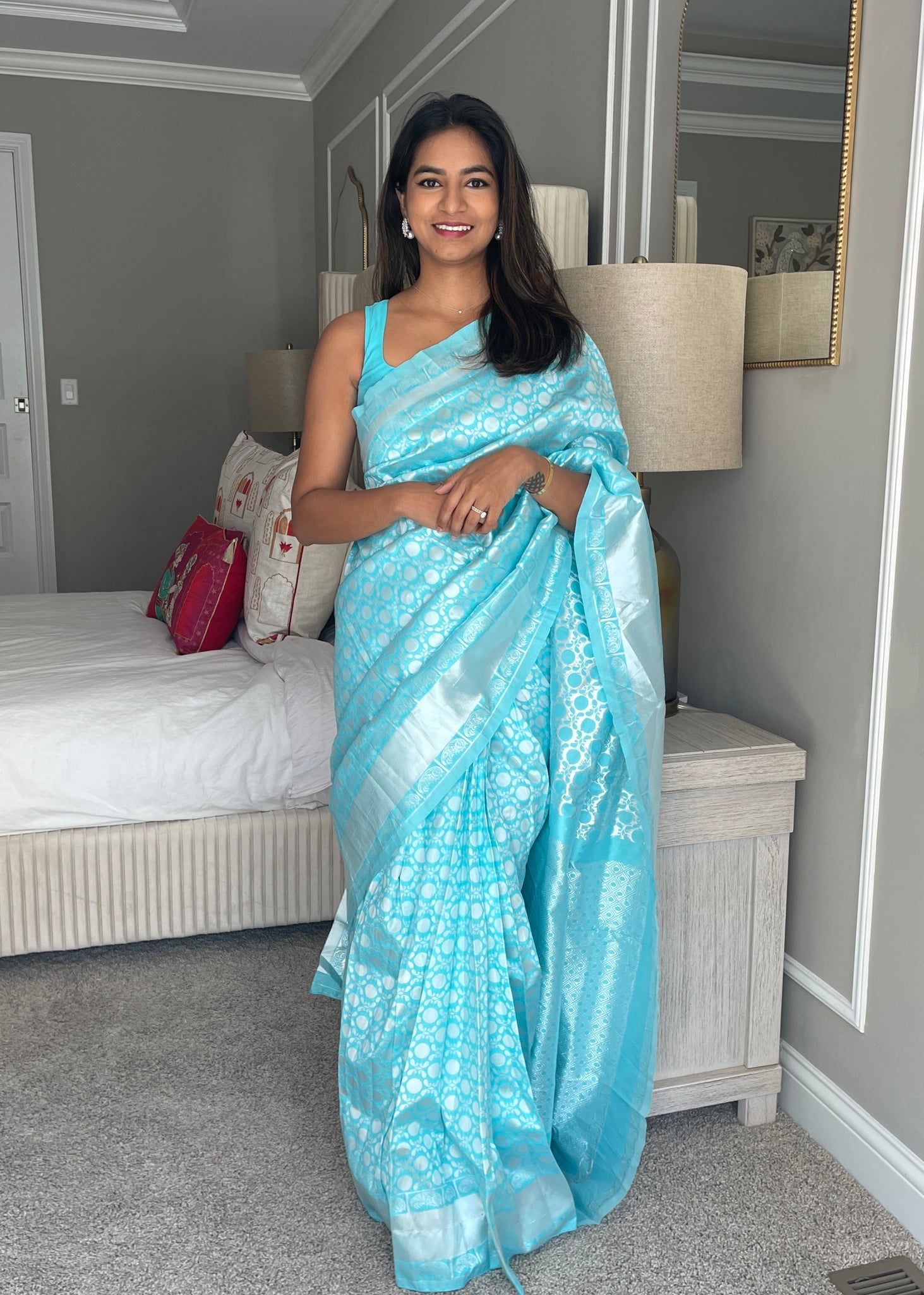 Pre-stitched Turquoise Banarasi Silk Saree and Blouse (Set)