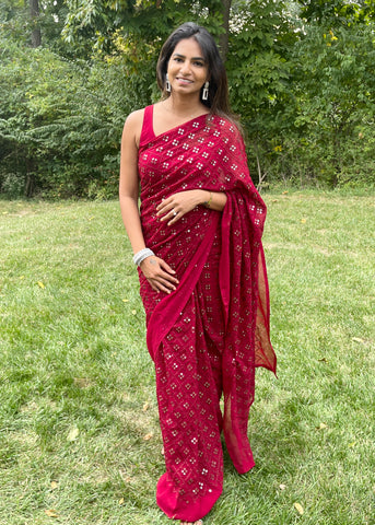 Pre-stitched Maroon Foil Mirrorwork Saree and Blouse (Set)