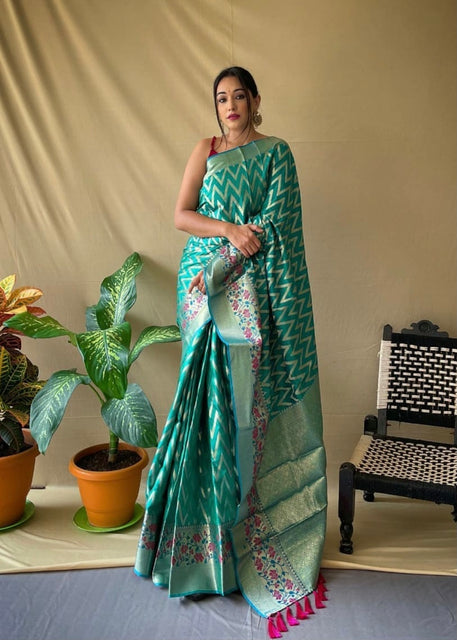 Banarasi Saree, Banarasi Silk Saree, Saree and Blouse set, pre stitched saree, green banarasi saree