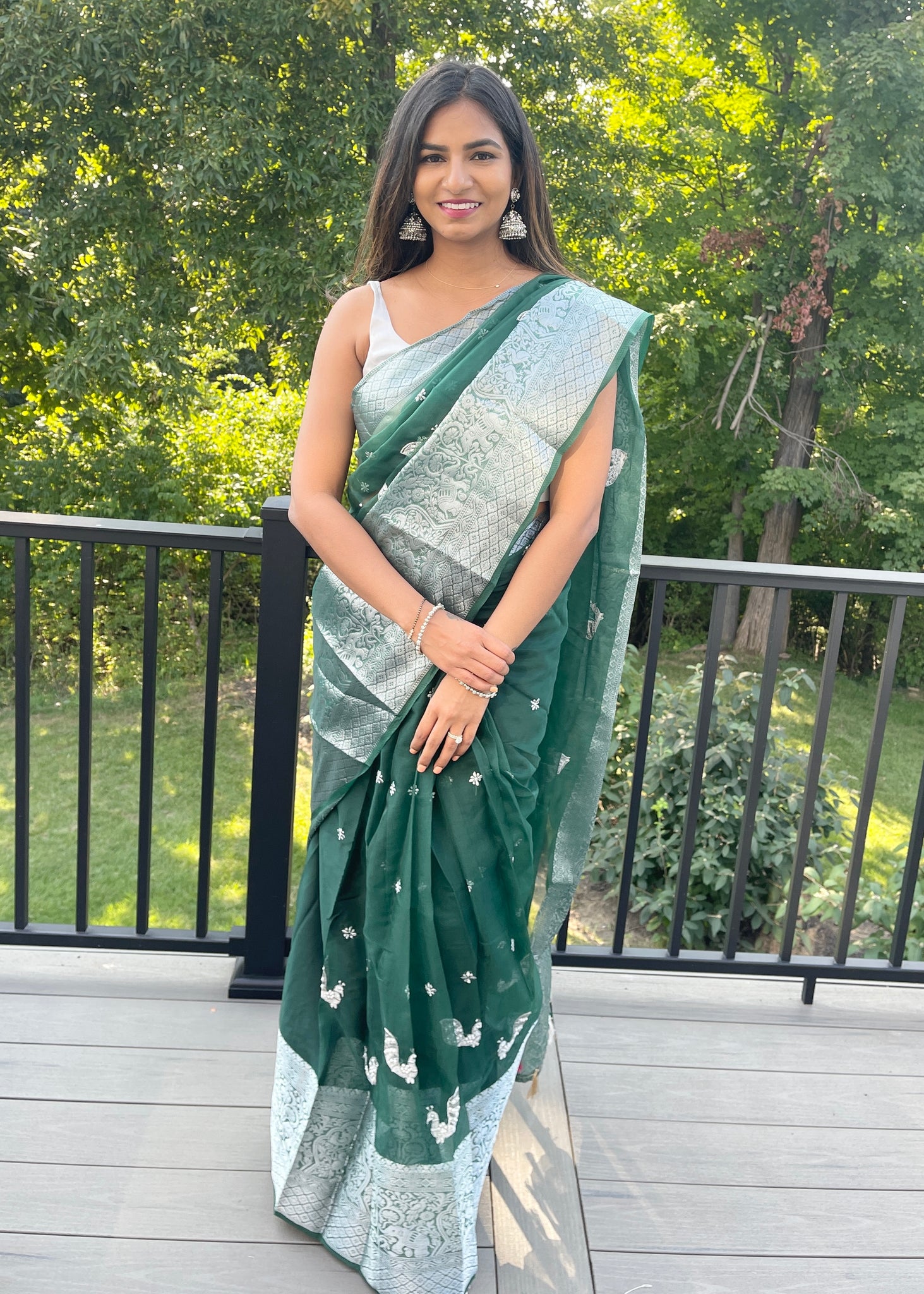 Pre-stitched Green and Silver Organza Saree with Pearl Embroidery