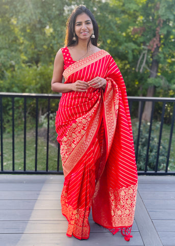 Pre-stitched Red Banarasi Silk Stripe Saree and Blouse (Set)