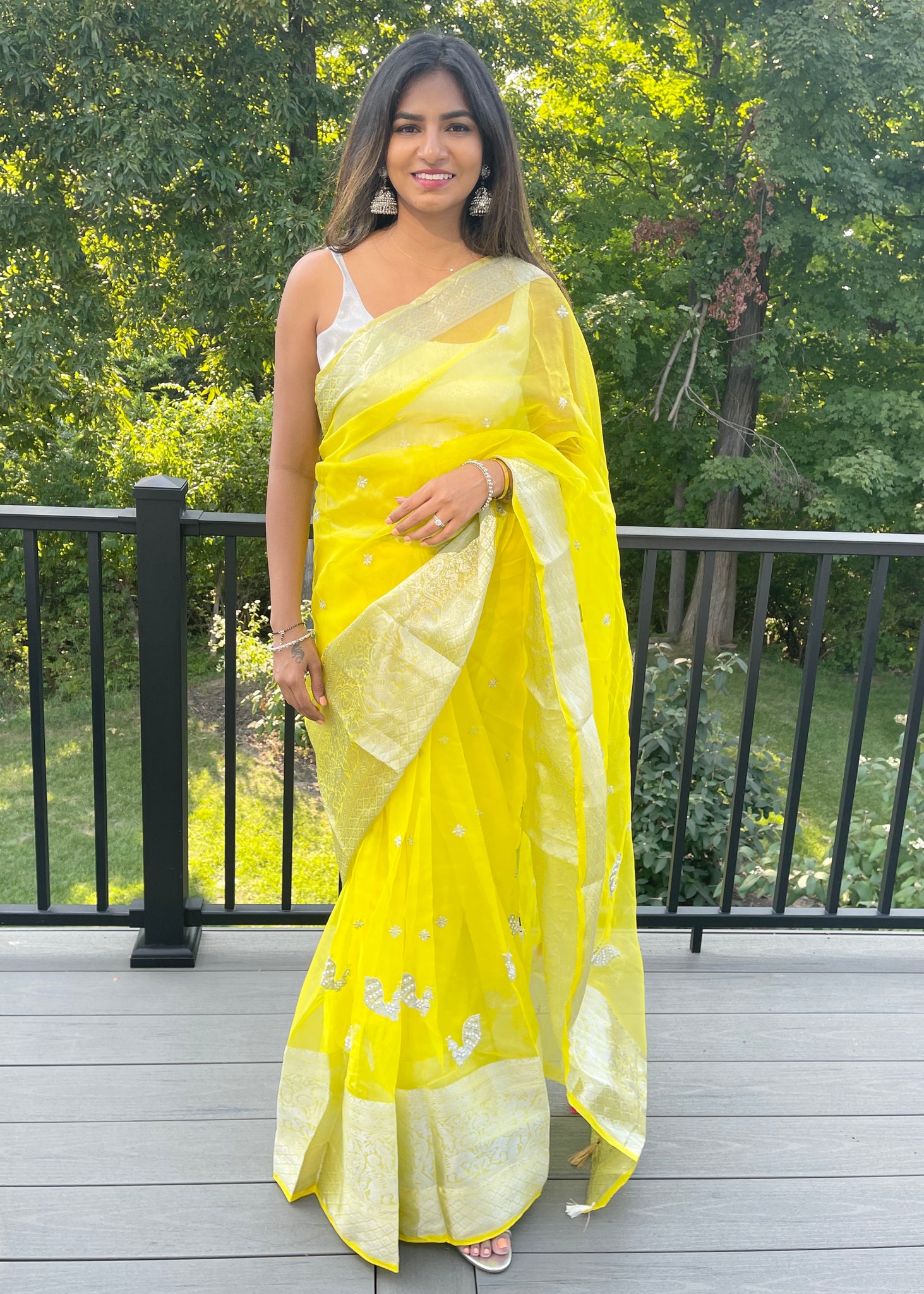 Pre-stitched Yellow and Silver Organza Saree with Pearl Embroidery
