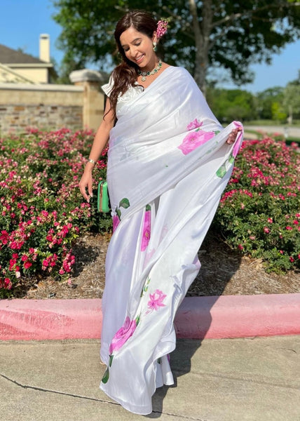 Pre-stitched Japan Crepe White and Purple Floral Saree