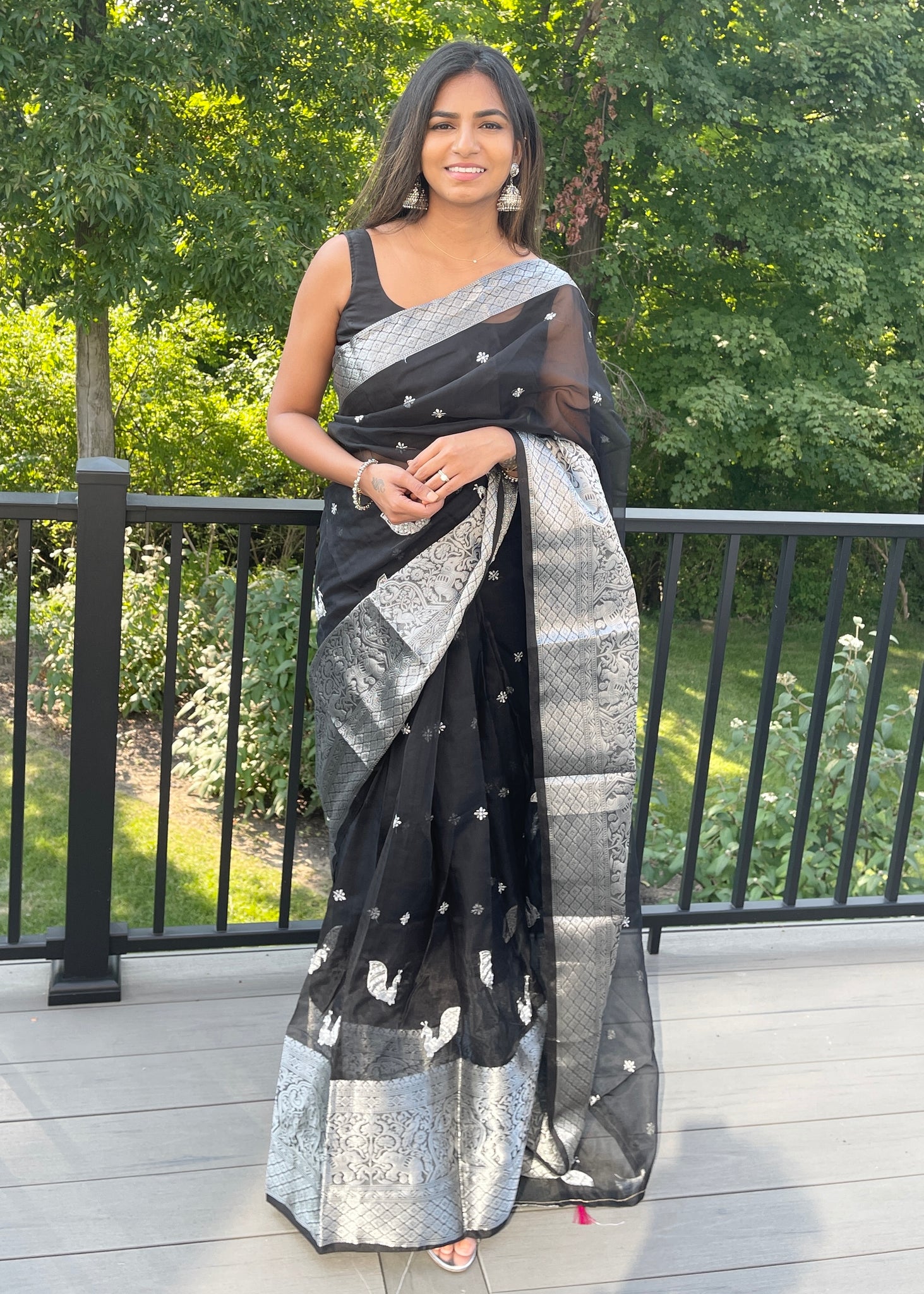 Pre-stitched Black and Silver Organza Saree with Pearl Embroidery