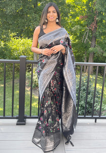 Pre-stitched Black Banarasi Silk Silver Meenakari Jaal Saree and Blouse (Set)