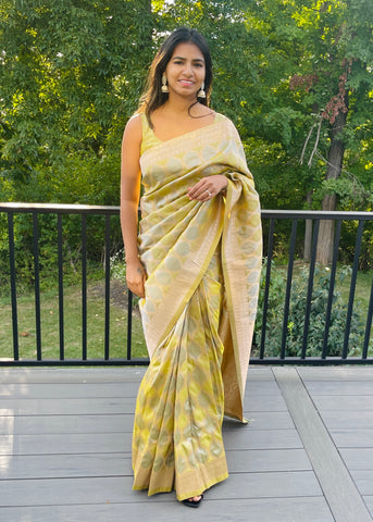 Pre-stitched Green Banarasi Silk Jaal Saree and Blouse (Set)