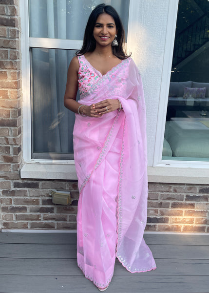 Pre-stitched Pink and Silver Organza Saree and Blouse (Set)