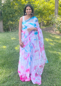 Pre-stitched Pink and Blue Tie and Dye Organza Saree and Blouse (Set)