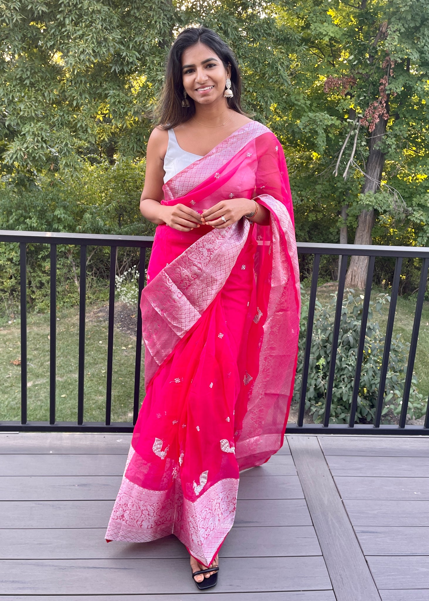 Pre-stitched Pink and Silver Organza Saree with Pearl Embroidery