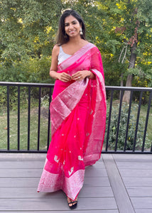 Pre-stitched Pink and Silver Organza Saree with Pearl Embroidery