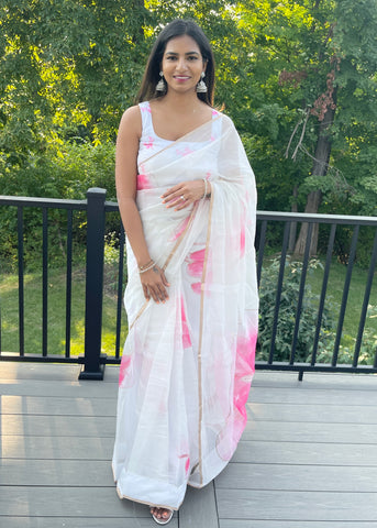 Pre-stitched White and Pink Digital Print Organza Saree and Blouse (Set)