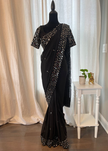 Pre-stitched Black Georgette Mirror Saree and Blouse (Set)