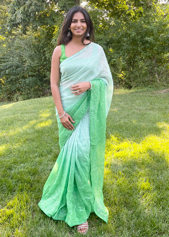 Pre-stitched Green Ombré Sequin Saree and Blouse (Set)