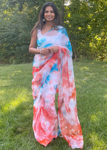 Pre-stitched Orange and Blue Tie and Dye Organza Saree and Blouse (Set)