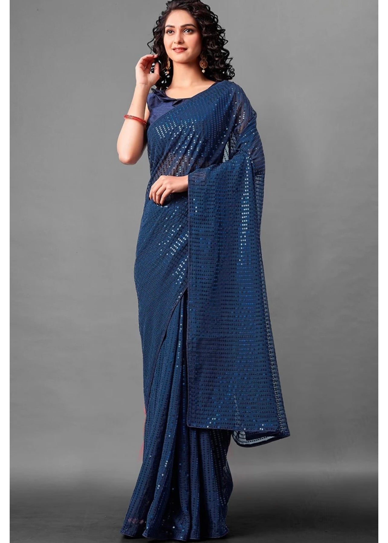 Pre-stitched Blue Sequin Saree and Blouse (Set)