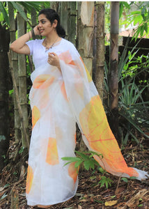 Pre-stitched White and Yellow Digital Print Organza Saree and Blouse (Set)