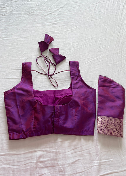 Pre-stitched Purple Banarasi Silk Jaal Saree and Blouse (Set)