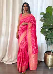 Pre-stitched Peach Banarasi Silk Saree and Blouse (Set)