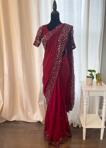 Pre-stitched Maroon Georgette Mirror Saree and Blouse (Set)