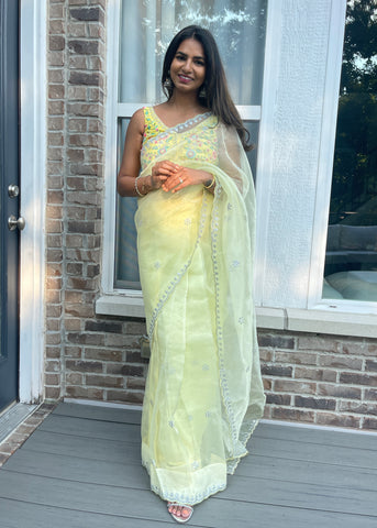 Pre-stitched Yellow and Silver Organza Saree and Blouse (Set)