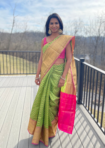 Pre-stitched Green and Pink Banarasi Silk Chevron Saree and Blouse (Set)